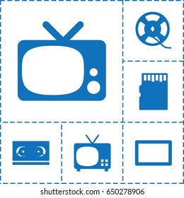 Video icon. set of 6 video filled icons such as film tape, burst, memory card