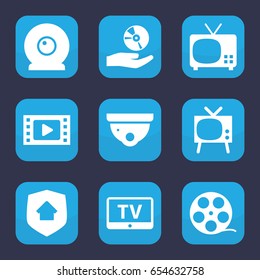 Video icon. set of 9 filled video icons such as tv, security camera, cd on hand, web camera, home security, movie tape