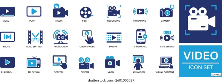 video icon set camera , video editing, You can easily change the color
