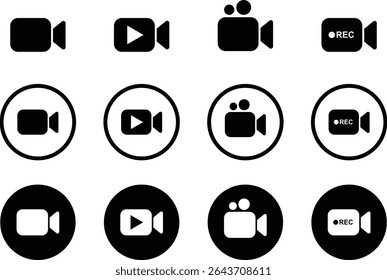 Video icon set. Video camera, movie icons isolated on transparent background. Video production, streaming, editing, filming vector symbols. Perfect for media, entertainment, and broadcasting designs.