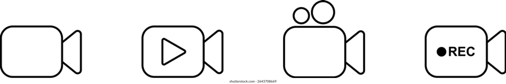 Video icon set. Video camera, movie icons isolated on transparent background. Video production, streaming, editing, filming vector symbols. Perfect for media, entertainment, and broadcasting designs.