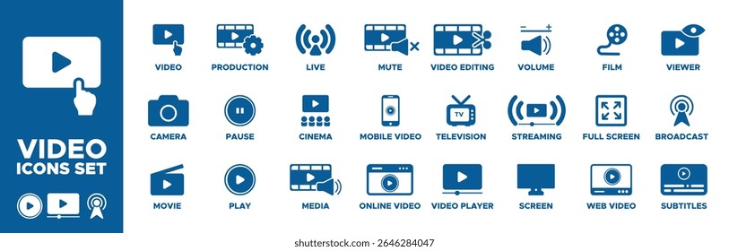 Conjunto de ícones de vídeo. câmera, filme, reproduzir, pausar, produção, ao vivo, cinema, mídia, vídeo on-line, vídeo móvel, mudo, edição de vídeo, televisão, player, tela, ícones de streaming. Coleção de ícones do Solid.