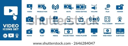 Video icon set. camera, movie, play, pause, production, live, cinema, media, online video, mobile video, mute, video editing, television, player, screen, streaming icons. Solid icon collection.