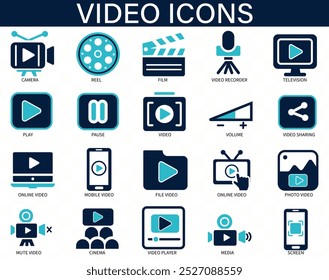 Video Conjunto de iconos. Iconos de cámara, reproducción, pausa, medios y carrete de película. Icono sólido colección