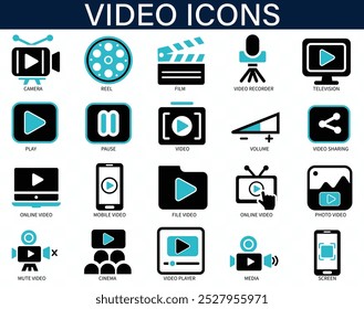 Video Conjunto de iconos. Iconos de cámara, reproducción, pausa, medios y carrete de película. Icono sólido colección