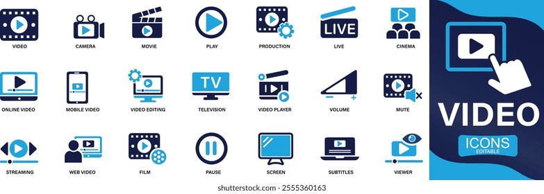 Video icon set. camera, play, pause, media, online video, live, production, player, You can easily change the color