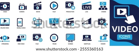 Video icon set. camera, play, pause, media, online video, live, production, player, You can easily change the color