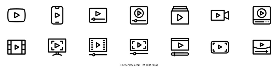 Video icon set. Collection of video player icons containing playback, streaming, film strip, video camera, devices (laptop, monitor, phone) and play icon button. editable stroke line icon. EPS 10