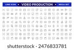 Video icon set. Containing camera, play, pause, media, online video, live, production, player, movie and cinema icons.video production icon outline icon collection.

