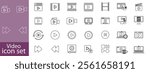 Video icon set. Containing camera, play, pause, media, online video, live, production, player, movie and cinema icons. video production icon outline icon