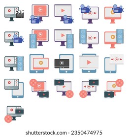 Video icon set. Containing camera, play, pause, media, online video, live, production, player, movie and cinema icons. Solid icon collection.
