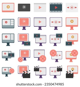 Video icon set. Containing camera, play, pause, media, online video, live, production, player, movie and cinema icons. Solid icon collection.