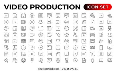 Video icon set. Containing camera, play, pause, media, online video, live, production, player, movie and cinema icons.Outline icon set.
