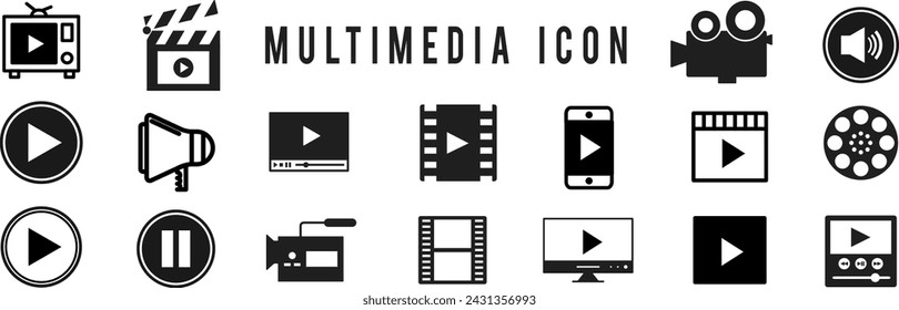Video icon set. Containing camera, play, pause, media, online video, audio, music player button icon. 