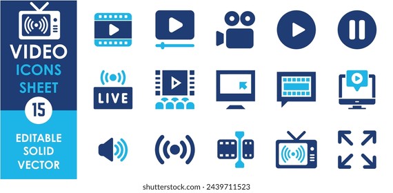 Video icon set. Containing camera, play, pause, media, online video, live and so on. Flat icons set related to video.