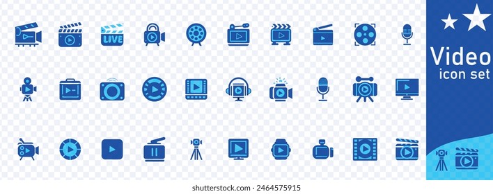 Video icon set. Containing camera, play, pause, media, online video, live, production, player, movie and cinema icons. Solid icon collection.