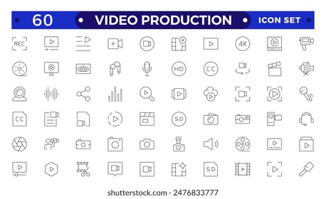 Video icon set. Containing camera, play, pause, media, online video, live, production, player, movie and cinema icons.video production icon outline icon collection.
