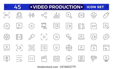 Video icon set. Containing camera, play, pause, media, online video, live, production, player, movie and cinema icons.video production icon outline icon collection.
