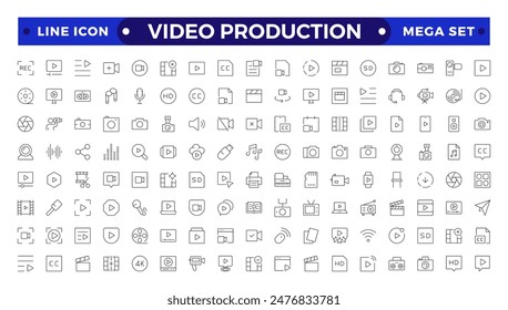 Video icon set. Containing camera, play, pause, media, online video, live, production, player, movie and cinema icons.video production icon outline icon collection.
