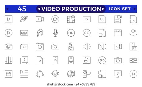 Video icon set. Containing camera, play, pause, media, online video, live, production, player, movie and cinema icons.video production icon outline icon collection.
