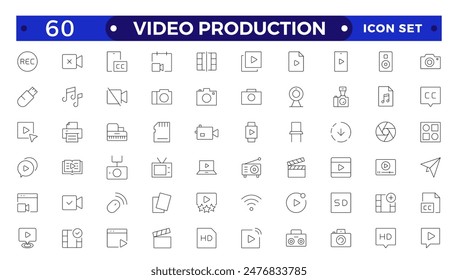 Video icon set. Containing camera, play, pause, media, online video, live, production, player, movie and cinema icons.video production icon outline icon collection.
