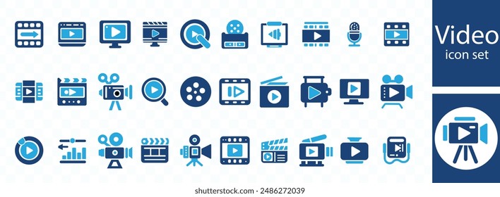 Video icon set. Containing camera, play, pause, media, online video, live, production, player, movie and cinema icons. Solid icon collection