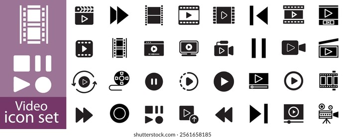 Video icon set. Containing camera, play, pause, media, online video, live, production, player, movie and cinema icons. video production icon outline icon