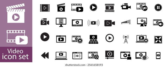 Video icon set. Containing camera, play, pause, media, online video, live, production, player, movie and cinema icons. video production icon outline icon