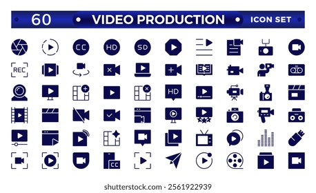 Video icon set. Containing camera, play, pause, media, online video, live, production, player, movie and cinema icons.video production icon solid icon collection.
