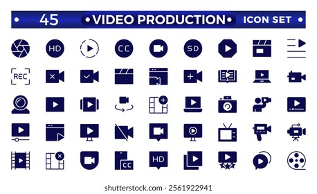 Video icon set. Containing camera, play, pause, media, online video, live, production, player, movie and cinema icons.video production icon solid icon collection.
