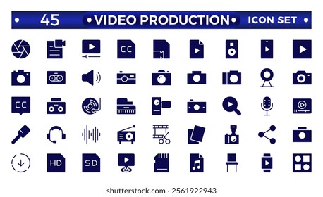 Video icon set. Containing camera, play, pause, media, online video, live, production, player, movie and cinema icons.video production icon solid icon collection.
