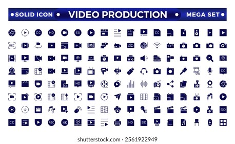 Video icon set. Containing camera, play, pause, media, online video, live, production, player, movie and cinema icons.video production icon solid icon collection.
