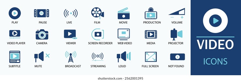 Video icon set. Containing camera, play, pause, media, online video, live, production, player, movie and cinema icons. Solid icon collection.