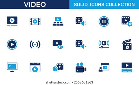 Video icon set. Containing camera, play, pause, media, online video, live, production, player, movie and cinema icons. Solid icon collection.