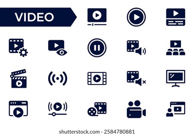 Video icon set. Containing camera, play, pause, media, online video, live, production, player, movie and cinema icons. Solid icon collection.