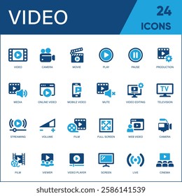 Video Icon Set Containing Camera, Play, Pause, Media, Online Video, Live, Production, Player, Movie, and Cinema Icons – Solid Icon Collection.