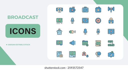 Video icon set. Containing camera, play, pause, media, online video, live, production, player, movie and cinema icons. video production icon outline icon