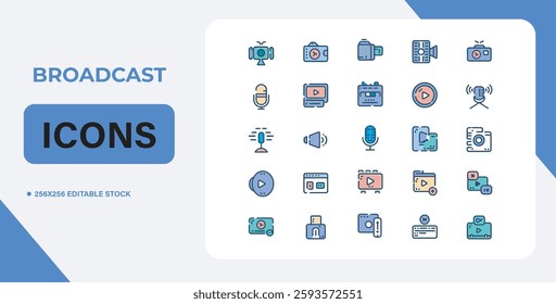 Video icon set. Containing camera, play, pause, media, online video, live, production, player, movie and cinema icons. video production icon outline icon