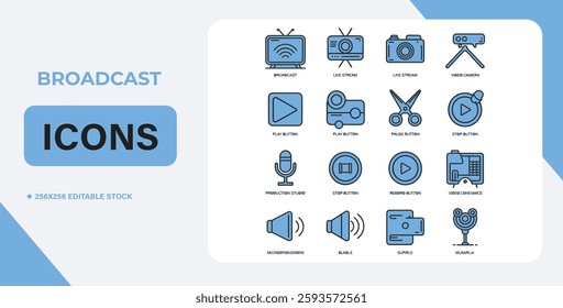 Video icon set. Containing camera, play, pause, media, online video, live, production, player, movie and cinema icons. video production icon outline icon