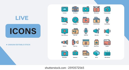 Video icon set. Containing camera, play, pause, media, online video, live, production, player, movie and cinema icons. video production icon outline icon