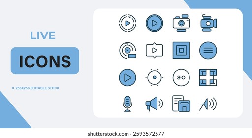 Video icon set. Containing camera, play, pause, media, online video, live, production, player, movie and cinema icons. video production icon outline icon