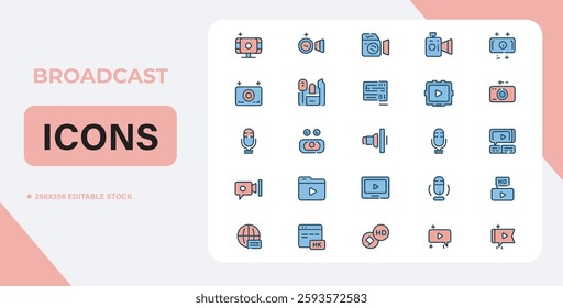 Video icon set. Containing camera, play, pause, media, online video, live, production, player, movie and cinema icons. video production icon outline icon