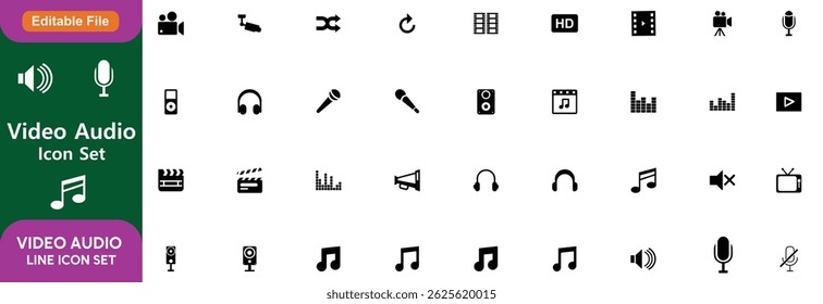Video icon set. Containing camera, play, pause, media, online video, live, production, player, movie and cinema icons. Solid icon collection.