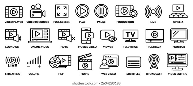 Conjunto de ícones de vídeo. Contendo câmera, vídeo, player, reproduzir, pausar, emudecer, mídia, online, ao vivo, streaming, produção, difusão, gravador, móvel, legendas, monitor, filme, cinema, símbolo, logotipo. Vetor.