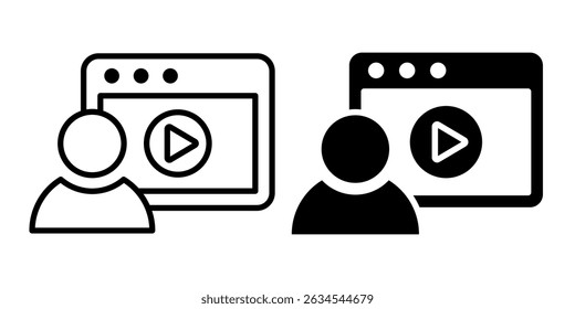 Conjunto de ícones de vídeo. Contendo câmera, vídeo, player, reproduzir, pausar, emudecer, mídia, online, ao vivo, streaming, produção, difusão, gravador, móvel, legendas, monitor, filme, cinema, símbolo, logotipo. Vetor.
