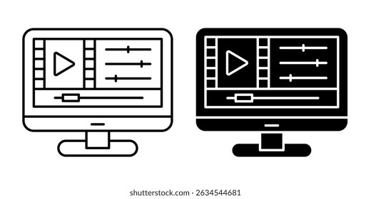 Conjunto de ícones de vídeo. Contendo câmera, vídeo, player, reproduzir, pausar, emudecer, mídia, online, ao vivo, streaming, produção, difusão, gravador, móvel, legendas, monitor, filme, cinema, símbolo, logotipo. Vetor.