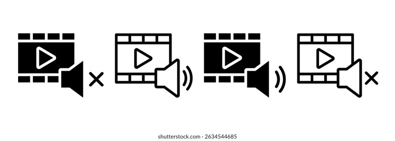 Conjunto de ícones de vídeo. Contendo câmera, vídeo, player, reproduzir, pausar, emudecer, mídia, online, ao vivo, streaming, produção, difusão, gravador, móvel, legendas, monitor, filme, cinema, símbolo, logotipo. Vetor.
