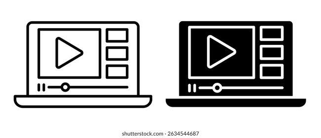 Video icon set. Containing camera, video, player, play, pause, mute, media, online, live, streaming, production, broadcast, recorder, mobile, subtitles, monitor, movie, cinema, symbol, logo. Vector.
