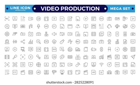 Video icon set. Containing camera, play, pause, media, online video, live, production, player, movie, and cinema icons. Video production icon outline icon collection. Editable stroke outline icon.