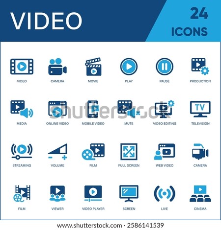 Video Icon Set Containing Camera, Play, Pause, Media, Online Video, Live, Production, Player, Movie, and Cinema Icons – Solid Icon Collection.